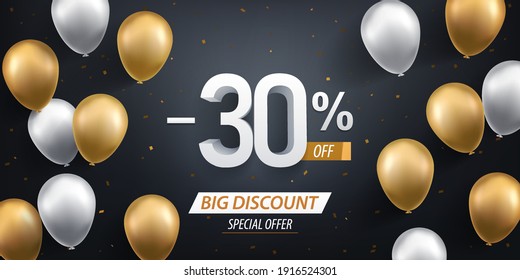 Thirty percent discount. Gold and white balloons with confetti on black background.