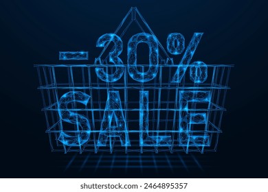 Thirty percent discount in the shopping basket. Polygonal design of interconnected elements. Blue background.
