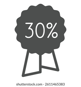 Thirty percent discount sticker solid icon, black friday concept. Vector graphics. Stamp number with ribbon, shopping sign on white background, glyph style icon for mobile or web design