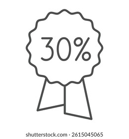 Thirty percent discount sticker thin line icon, black friday concept. Vector graphics. Stamp number with ribbon, shopping sign on white background, outline style icon for mobile or web design