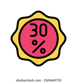 thirty percent off rounded badge vector in filled style