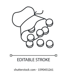 Thirty pieces of silver linear icon. 30 silver coins. Judas Iscariot money. Coins in pouch. New Testament. Thin line illustration. Contour symbol. Vector isolated outline drawing. Editable stroke