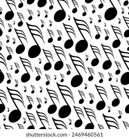 Thirty second note musical symbols varying in size and placed diagonally over white in vector seamless pattern. Surface art texture for use in fabric or graphic design or printing on various surfaces.