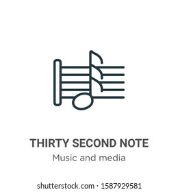 Thirty second note outline vector icon. Thin line black thirty second note icon, flat vector simple element illustration from editable music and media concept isolated on white background