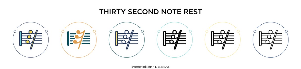 Thirty second note rest icon in filled, thin line, outline and stroke style. Vector illustration of two colored and black thirty second note rest vector icons designs can be used for mobile, ui, web