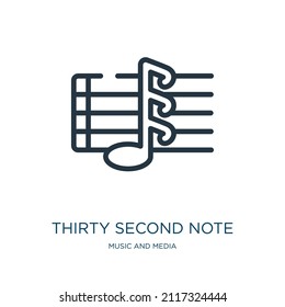 thirty second note thin line icon. music, musical linear icons from music and media concept isolated outline sign. Vector illustration symbol element for web design and apps.