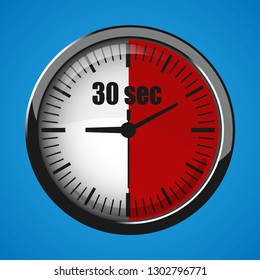 Thirty Seconds Clock on blue background. Clock 3d icon. Stopwatch icon. Vector illustration EPS 10.