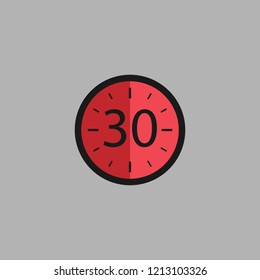 Thirty Seconds Clock on gray background. Stopwatch icon in flat style, red timer. Sport clock. Vector design element for you project. Vector illustration EPS 10.