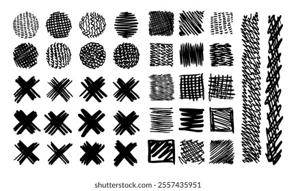 Thirty seven textured hand drawn squares, circles, strikethroughs and stripes. Doodles and squiggles. Vector set