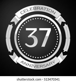 Thirty seven years anniversary celebration with silver ring and ribbon on black background. Vector illustration