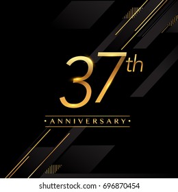 thirty seven years anniversary celebration logotype. 37th anniversary logo golden colored isolated on black background, vector design for greeting card and invitation card.