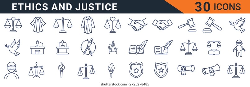 Treinta iconos azules simples que representan varios conceptos de ética y justicia, incluidas escalas de justicia y Page, están dispuestos ordenadamente sobre un fondo blanco que simboliza la equidad y los principios legales.