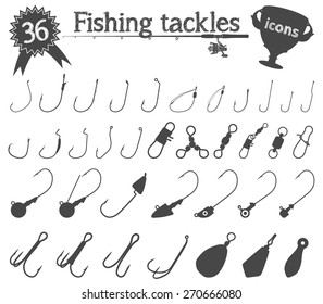 Thirty six icons of fishing tackles (jig head, sinkers, snaps, swivels, crimps, tackle, hooks) vector