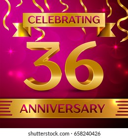 Thirty six Years Anniversary Celebration Design. Confetti and golden ribbon on pink background. Colorful Vector template elements for your birthday party. Anniversary ribbon