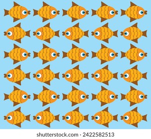 Thirty symmetrical cartoon goldfish are swimming back and forth