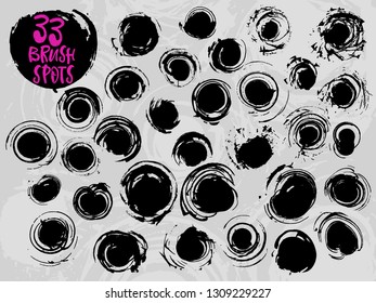Thirty three brush painted circle spots. A large set of handdrawn grunge shapes. Collection of isolated inked objects for prints, web-design, greeting and invitation cards, wrapping paper. svg