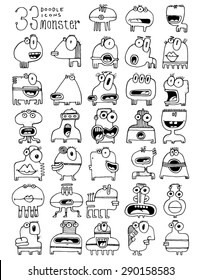 thirty three doodle icons MONSTER funny simple drawing silly faces