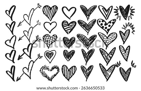 Thirty three hand drawn hearts with arrows and various textures. Doodles and squiggles. Vector set