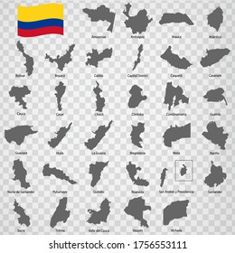 Thirty three Maps of departments Colombia - alphabetical order with name. Every single map of state are listed and isolated with wordings and titles. Republic of Colombia. EPS10. 