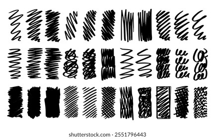 Thirty three textured rectangles, stripes. Doodles, squiggles. Vector set