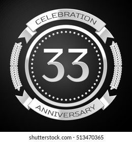 Thirty three years anniversary celebration with silver ring and ribbon on black background. Vector illustration