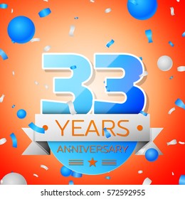 Thirty three years anniversary celebration on orange background. Anniversary ribbon