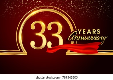 thirty three years birthday celebration logotype. 33rd anniversary logo with confetti and golden ring, red ribbon isolated on red background, vector design for greeting card and invitation card.