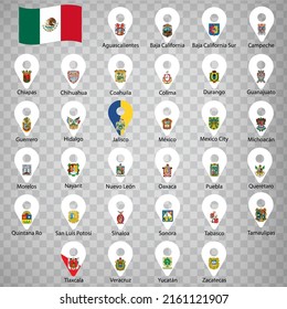 Thirty two flags the States of Mexico -  alphabetical order with name.  Set of 2d geolocation signs like flags States of Mexico. Thirty two  2d geolocation signs for your design. EPS10