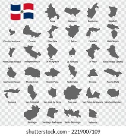 Thirty two Maps of  Dominican Republic - alphabetical order with name. Every single map of Provinces are listed and isolated with wordings and titles.  Dominican Republic. EPS 10.