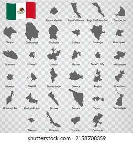 Thirty two Maps  of Mexico - alphabetical order with name. Every single map of States are listed and isolated with wordings and titles. United Mexican States. EPS 10.