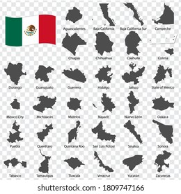 Thirty two Maps United Mexican States - alphabetical order with name. Every single map of state are listed and isolated with wordings and titles. United Mexican States. EPS10.