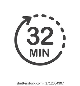 Thirty two minutes icon. Symbol for product labels. Different uses such as cooking time, cosmetic or chemical application time, waiting time...