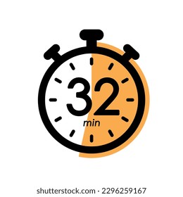 Icono de cronómetro de treinta y dos minutos, símbolo de temporizador, tiempo de cocción, tiempo de aplicación cosmética o química, ilustración vectorial de tiempo de espera de 32 minutos