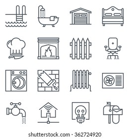 Thirty two real estate icons, icon set suitable for info graphics, websites and print media. Black and white flat line icons. 