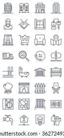 Thirty two real estate icons, icon set suitable for info graphics, websites and print media. Black and white flat line icons. 