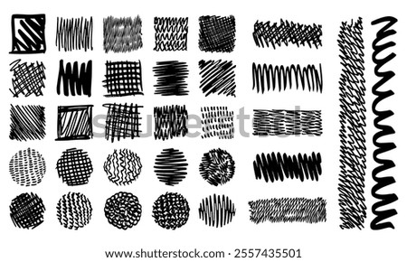 Thirty two textured hand drawn squares, circles and rectangles. Doodles and squiggles. Vector set