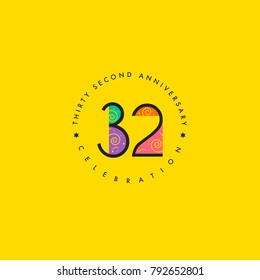 Thirty two years, 32nd Anniversary Celebration Logo Design, Number 32 Icon Vector Template.