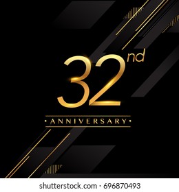 thirty two years anniversary celebration logotype. 32nd anniversary logo golden colored isolated on black background, vector design for greeting card and invitation card.