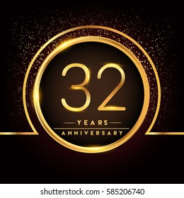 thirty two years birthday celebration logotype. 32nd anniversary logo with confetti and golden ring isolated on black background, vector design for greeting card and invitation card.