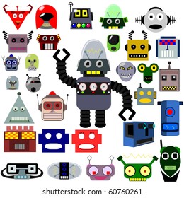 Thirty vector robot heads and one whole robot, retro and modern style
