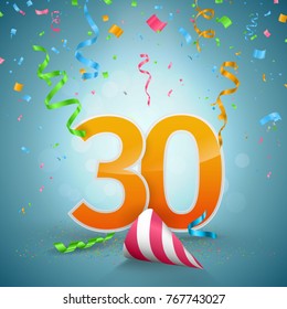 Thirty year anniversary background. 30th celebrate of birned vector illustration. Confetti and ribbons, holiday theme