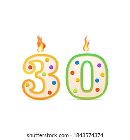 Thirty years anniversary, 30 number shaped birthday candle with fire isolated on white
