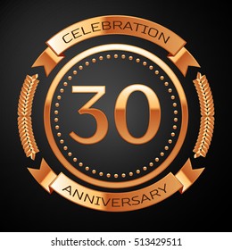 Thirty years anniversary celebration with golden ring and ribbon.