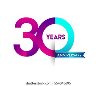 thirty years anniversary celebration logotype colorfull design with blue ribbon, 30th birthday logo on white background