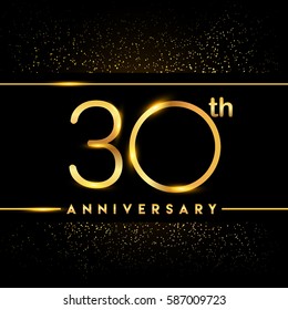 thirty years anniversary celebration logotype. 30th anniversary logo with confetti golden colored isolated on black background, vector design for greeting card and invitation card