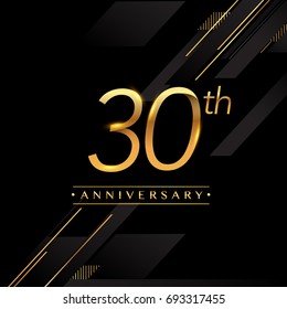 logotipo de celebración de los treinta años. Logo del 30 aniversario de oro aislado en fondo negro, diseño vectorial para tarjetas de felicitación y tarjeta de invitación.