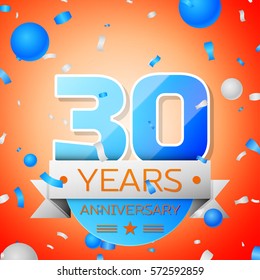 Thirty years anniversary celebration on orange background. Anniversary ribbon