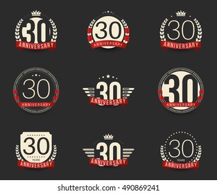 Thirty years anniversary logotype with branches, ribbons, wings, crowns. 30th anniversary logo collection. Vector illustration.