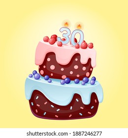 Thirty years birthday cake with candles number 30. Cute cartoon festive vector image. Chocolate biscuit with berries, cherries and blueberries. Happy Birthday illustration for parties, anniversaries