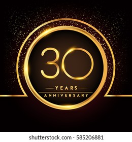 thirty years birthday celebration logotype. 30th anniversary logo with confetti and golden ring isolated on black background, vector design for greeting card and invitation card.